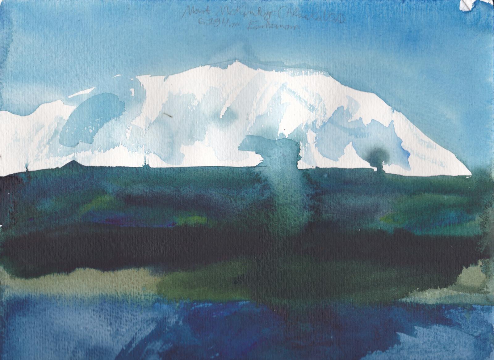 Le Mont McKinley, point culminant de l\'Amérique du Nord à 6194m d\'altitude, et ses gros glaciers puis forets et lacs d\'Alaska. ( Alaska )